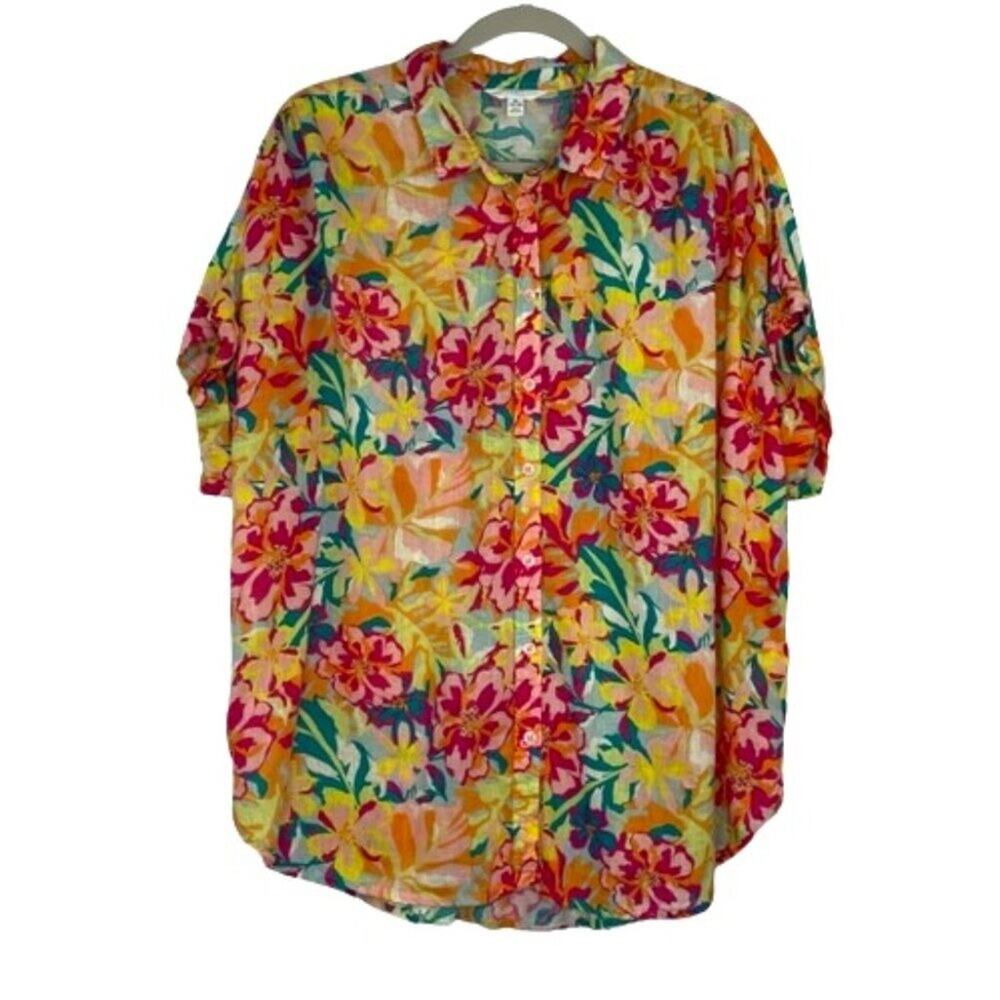 Time & True colorful floral button down short sleeve size XL